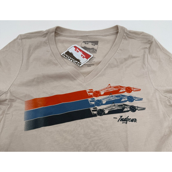 IndyCar T Shirt Womens Stripe Car V Neck Heathered Dust Beige Size Large New - Picture 4 of 6